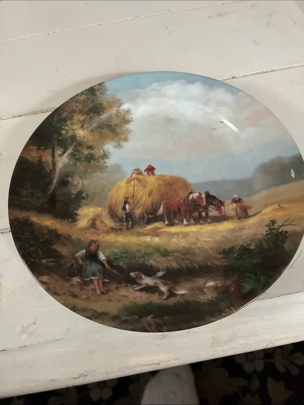 Limoges Pastoral Harvest Scene Plate — Blue, Green, Brown, Gold Called Romance